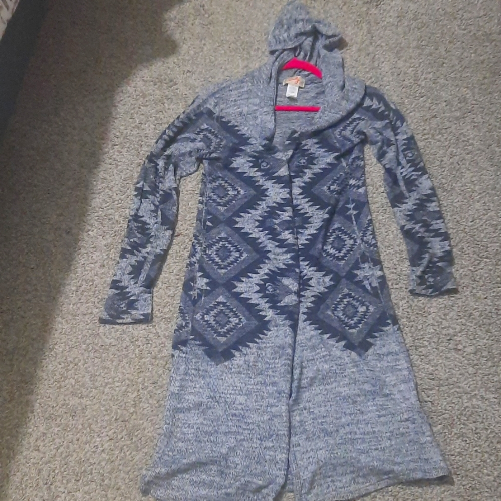 Scully brand, long grey hooded cardigan, tribal print